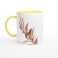Botanical watercolor mug with autumn leaves and red berries, yellow inside and handle