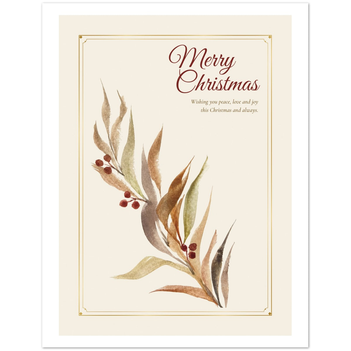 Merry Christmas card front with winter leaves, red berries and a gold frame