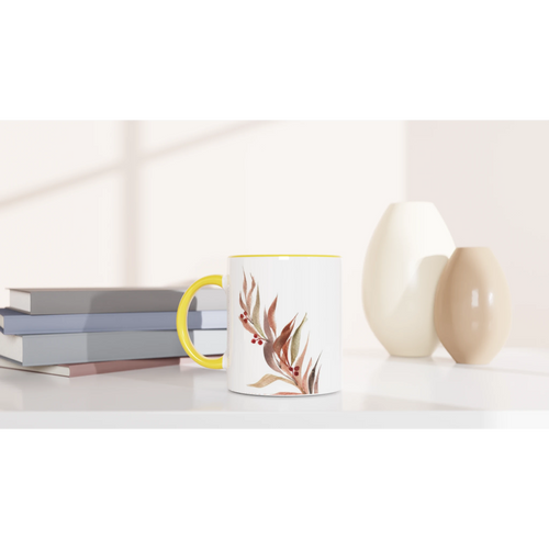 Watercolor berry branch coffee mug on a shelf with books and vases