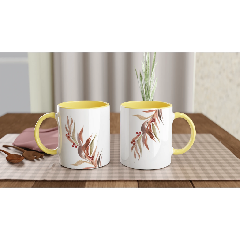 Two botanical watercolor mugs showing both sides of the autumn leaves design