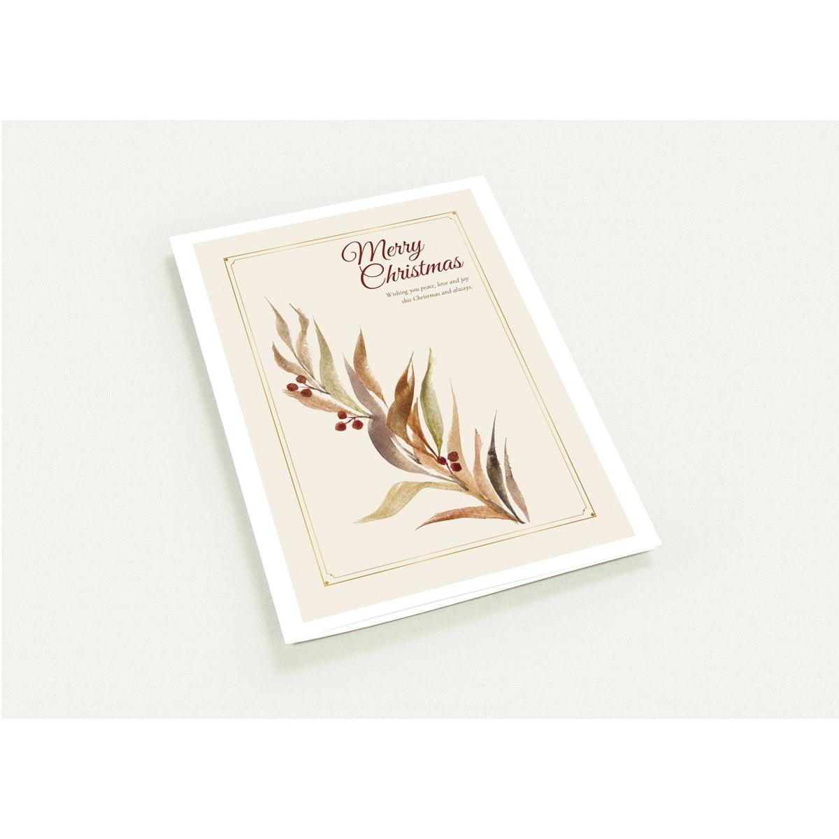 Watercolor Christmas card with a botanical berry branch and gold border